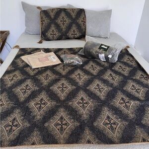 Carlyle Collection Blue Brocade Coverlet Set Pillow Shams Ornate Gold Tassels